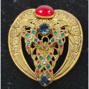 Vintage Abstract Swirl Pattern Crystal Rhinestone Red Cabochons Gold Tone Brooch